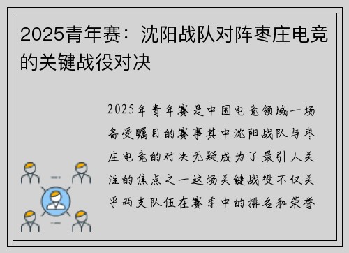 2025青年赛：沈阳战队对阵枣庄电竞的关键战役对决