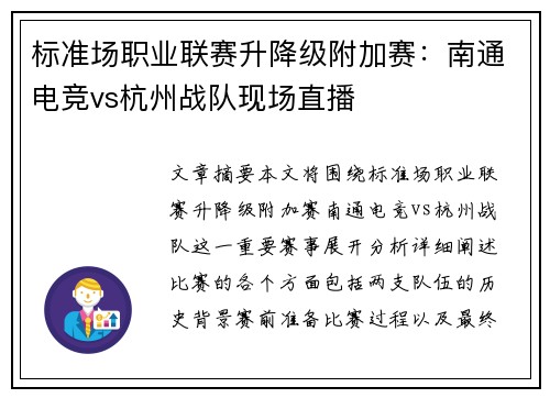 标准场职业联赛升降级附加赛：南通电竞vs杭州战队现场直播